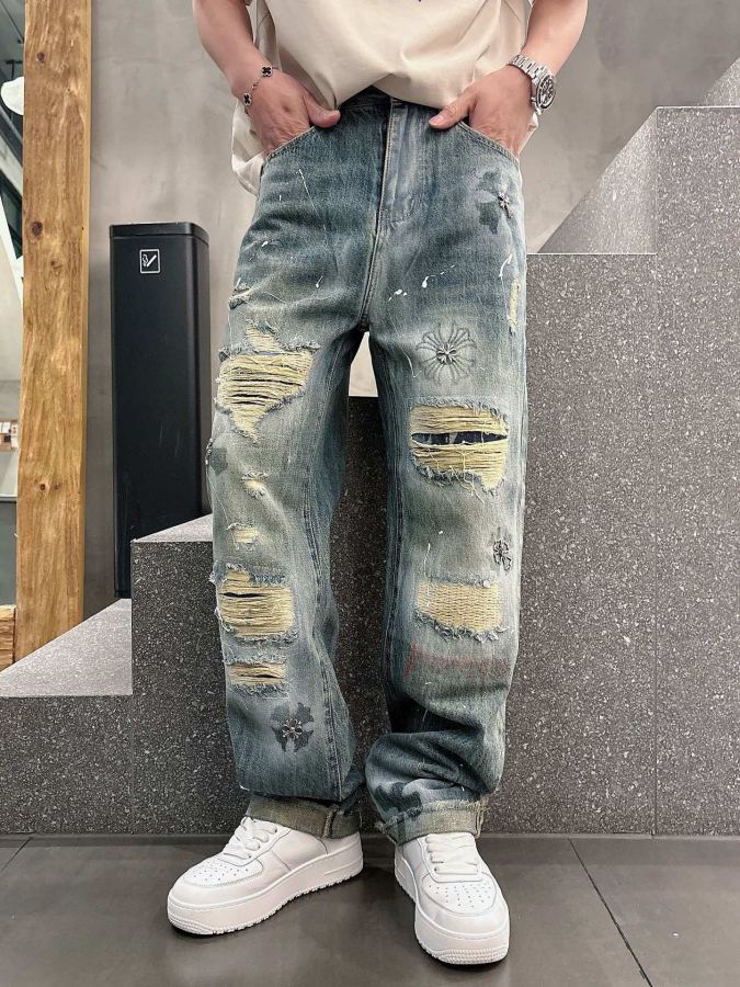 Denim tears Clothes Crow Heart Fire Four Seasons new ripped jeans wide-leg pants imported Japanese — AAA Quality Replica — photo 2