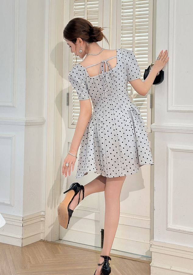 Miumiu Women French square neckline waist polka dot dress — Premium Replica