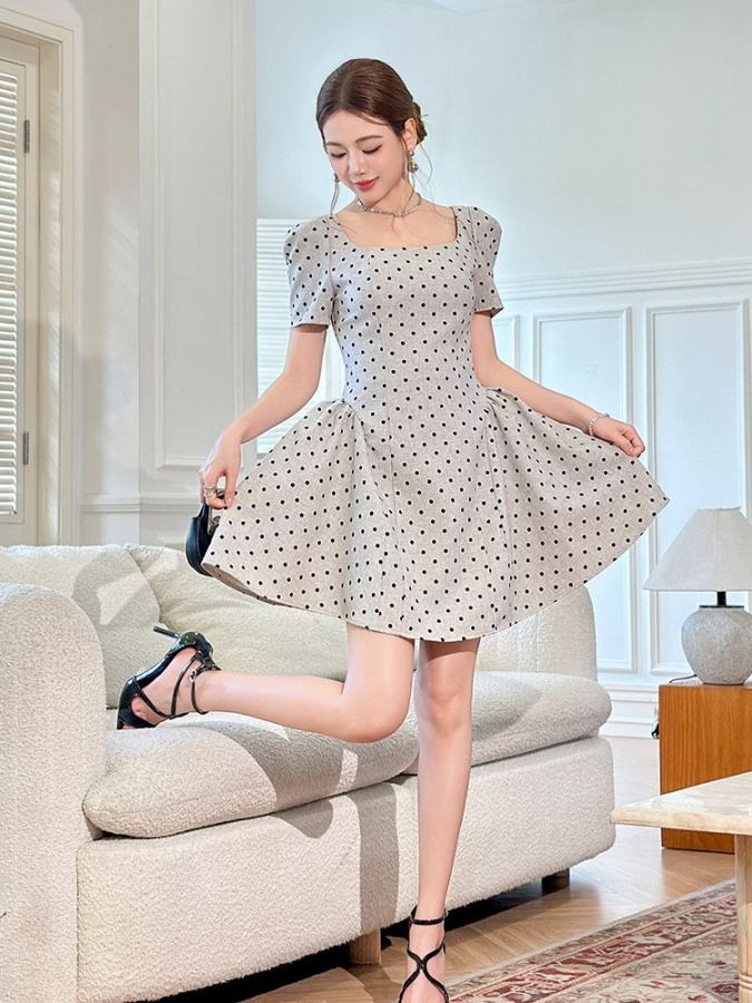Miumiu Women French square neckline waist polka dot dress — Premium Replica — photo 4