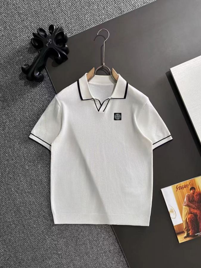 Stone Island Clothes 2026 spring and summer solid color contrast edge knitted men's Polo short-sleeved — 1:1 Replica