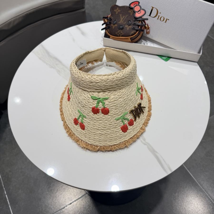 dior hat Dior Summer Cherry Embroidered Straw Empty Top Straw Hat Women's Beach Vacation Wide-Brim — 1:1 Replica For Sale