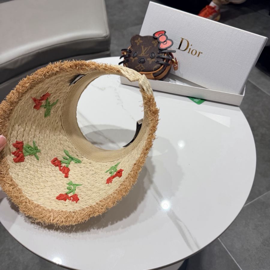dior hat Dior Summer Cherry Embroidered Straw Empty Top Straw Hat Women's Beach Vacation Wide-Brim — 1:1 Replica For Sale — photo 7
