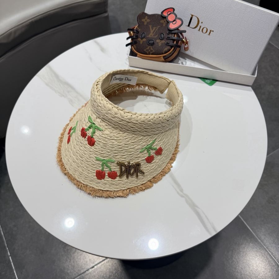 dior hat Dior Summer Cherry Embroidered Straw Empty Top Straw Hat Women's Beach Vacation Wide-Brim — 1:1 Replica For Sale — photo 2