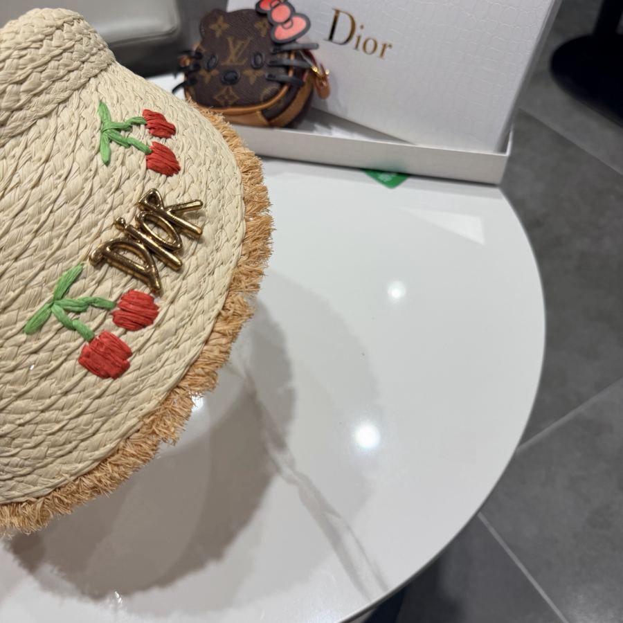 dior hat Dior Summer Cherry Embroidered Straw Empty Top Straw Hat Women's Beach Vacation Wide-Brim — 1:1 Replica For Sale — photo 4