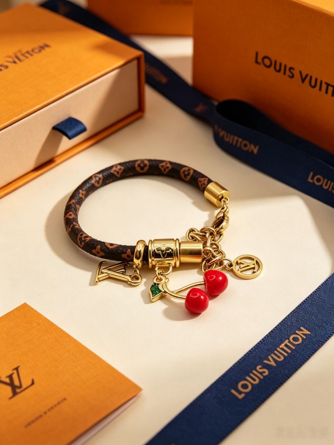 Louis Vuitton Jewelry The classic LV presbyopic leather bracelet, paired with a playful cherry pendant — Premium Replica — photo 6
