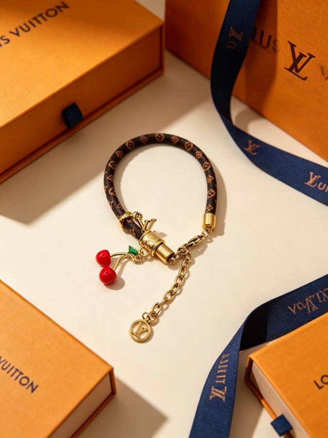 Louis Vuitton Jewelry The classic LV presbyopic leather bracelet, paired with a playful cherry pendant — Premium Replica — photo 8