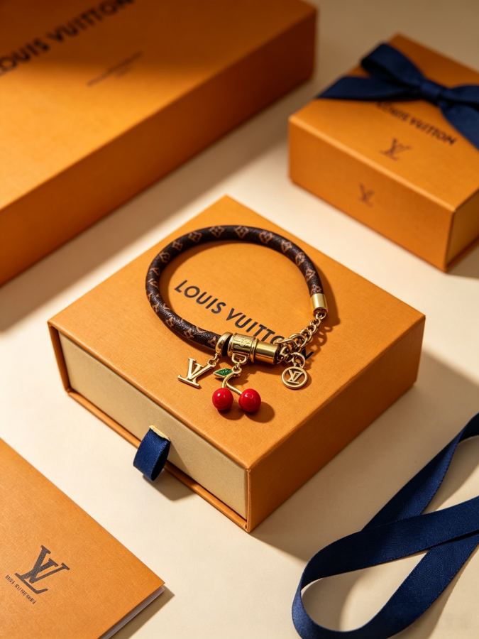 Louis Vuitton Jewelry The classic LV presbyopic leather bracelet, paired with a playful cherry pendant — Premium Replica — photo 5