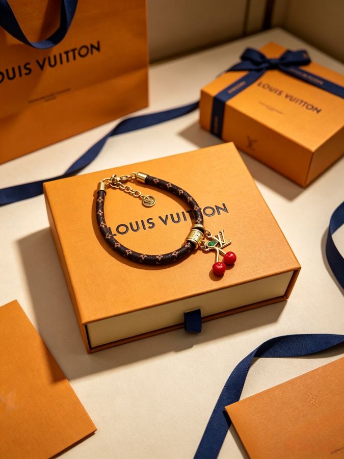Louis Vuitton Jewelry The classic LV presbyopic leather bracelet, paired with a playful cherry pendant — Premium Replica — photo 3