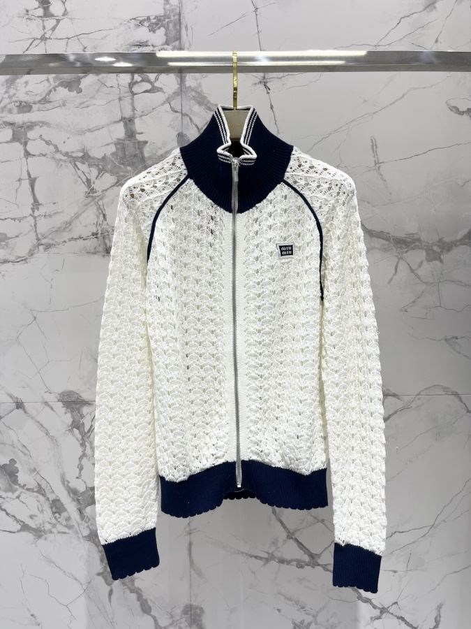 Miumiu Women 𝗠𝗜𝗨𝗠𝗜𝗨* Miu lapel contrasting hollow letter logo zipper sweater — 1:1 Replica