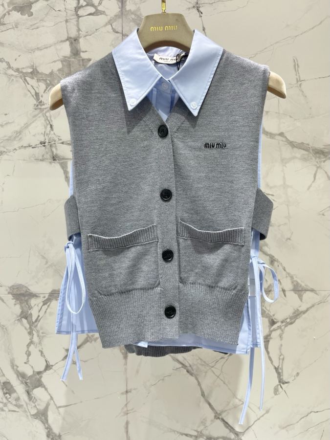 Miumiu Women 𝗠𝗜𝗨𝗠𝗜𝗨* Miu college style layered vest top two-piece knitted vest — 1:1 Replica For Sale — photo 3