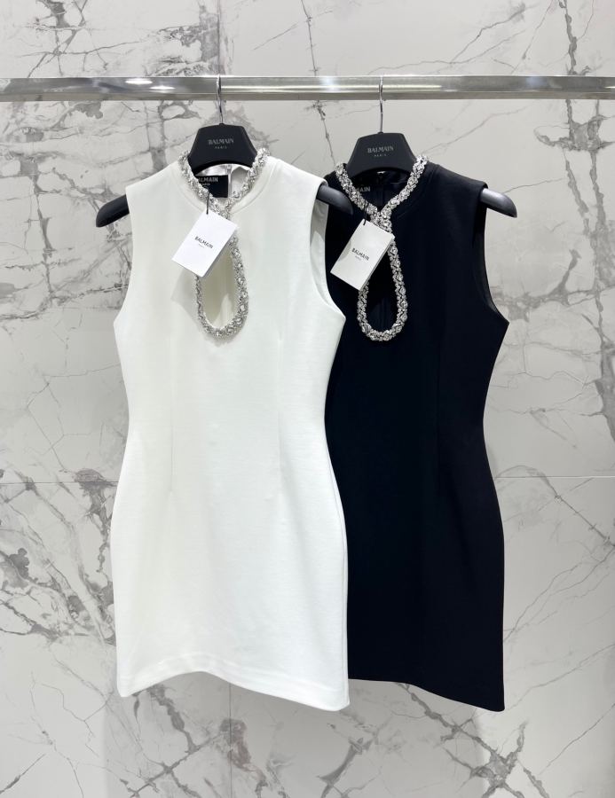 BALMAIN Women 𝗕𝗔𝗟𝗠𝗔𝗜* Bal's New large rhinestone decorated sleeveless slim dress — 1:1 Replica For Sale