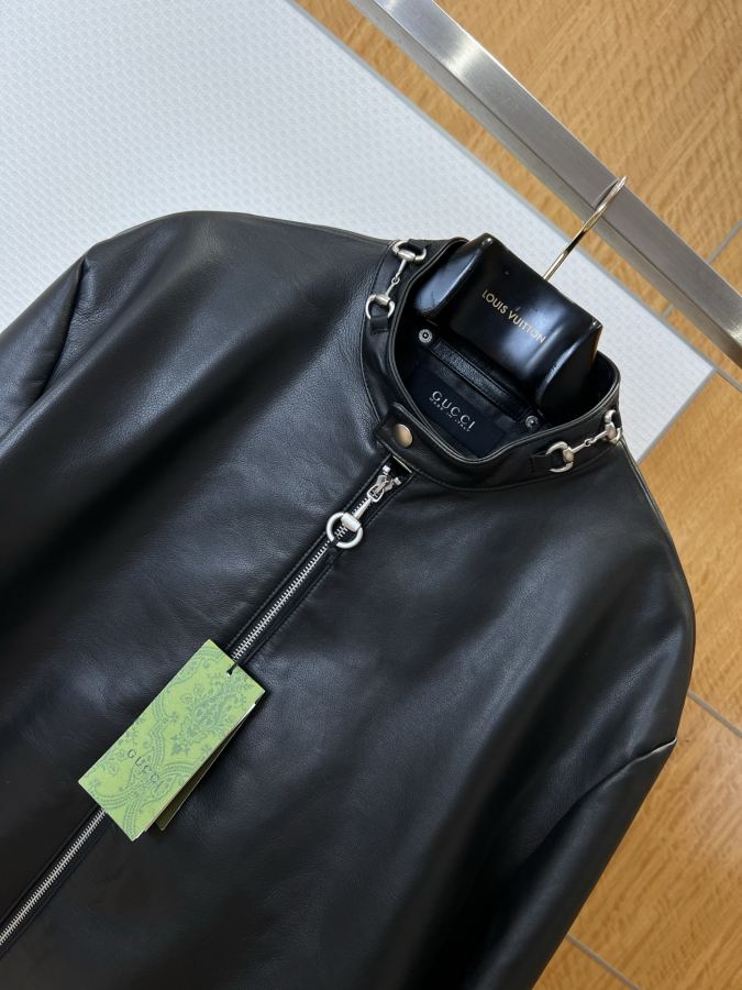 Gucci men GUCCI metal hoop stand collar leather biker jacket — 1:1 Replica — photo 3