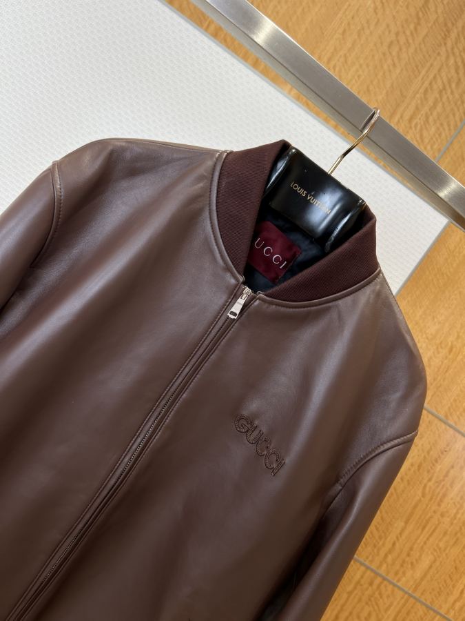 Gucci men GUCCI brand embroidered logo luxury baseball leather jacket — Premium Replica — photo 3