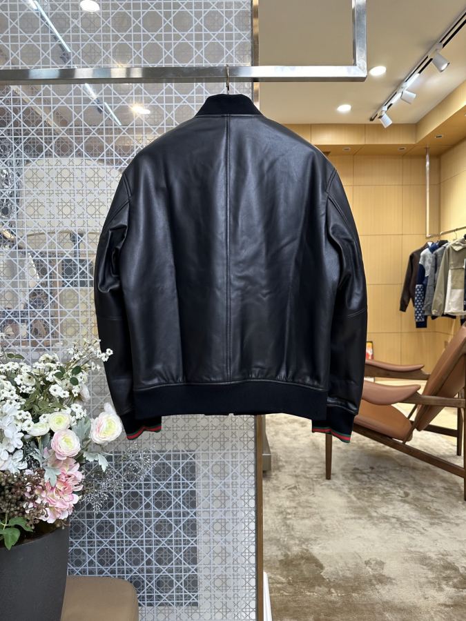 Gucci men GUCCI embroidered logo baseball collar luxury leather jacket — 1:1 Replica For Sale — photo 2