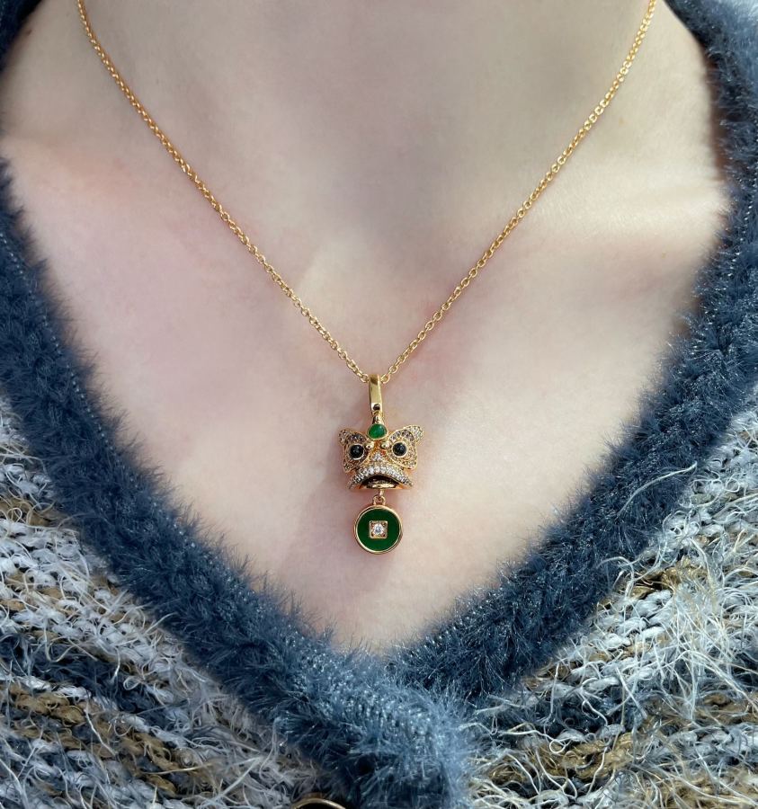 Qeelin Jewelry V gold material 7590300 Kirin green agate copper coin lion necklace, 18 K gold customized, electroplated 18 K thick gold 1:1 version