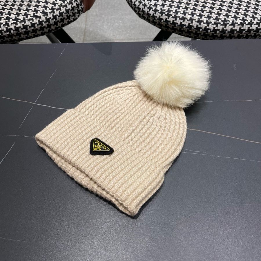prada hat PRADA 2025 Autumn and Winter fox fur ball counter knitted beanie — AAA Quality Replica — photo 2