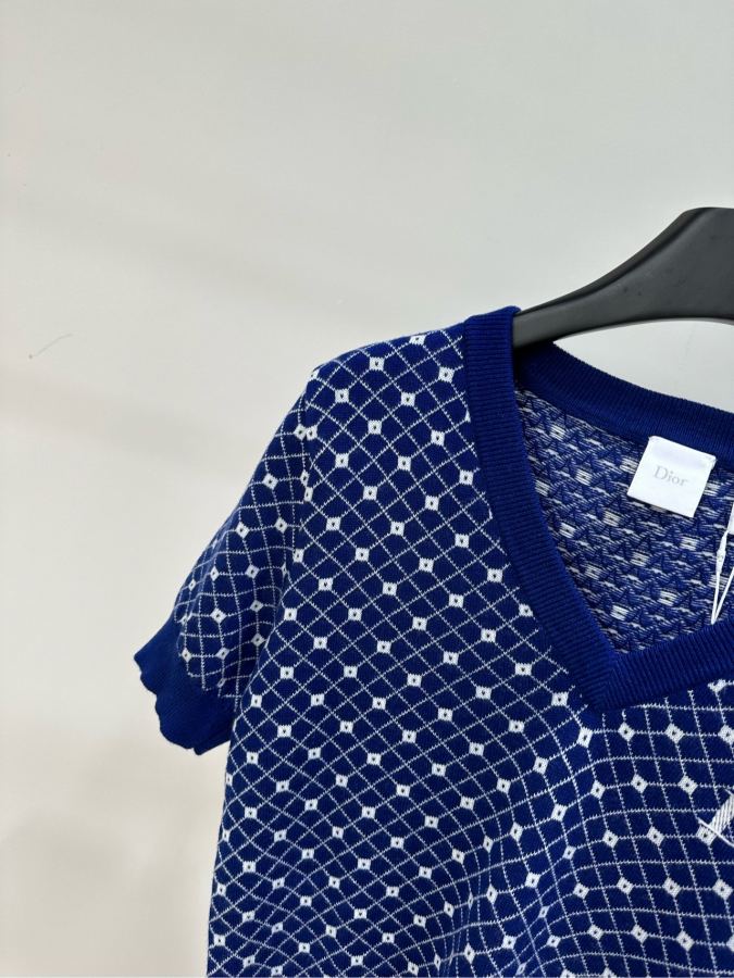 Dior Women [D dark blue and white mesh V-neck knitted short sleeves] — 1:1 Replica — photo 3