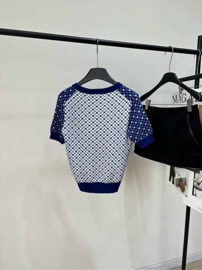 Dior Women [D dark blue and white mesh V-neck knitted short sleeves] — 1:1 Replica — photo 6