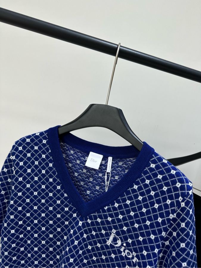 Dior Women [D dark blue and white mesh V-neck knitted short sleeves] — 1:1 Replica — photo 2
