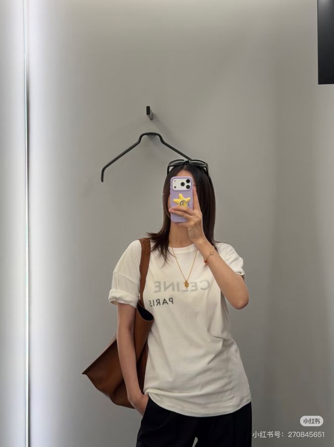 Celine Women 26-letter printed double-layer round neck short-sleeved T-shirt Milk white with soft — 1:1 Replica For Sale — photo 7