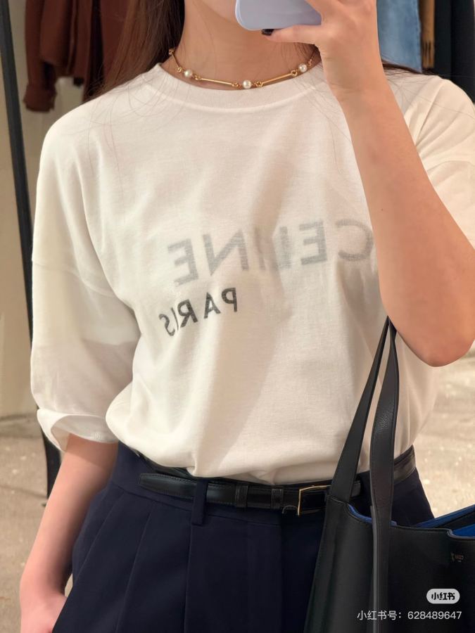 Celine Women 26-letter printed double-layer round neck short-sleeved T-shirt Milk white with soft — 1:1 Replica For Sale — photo 3