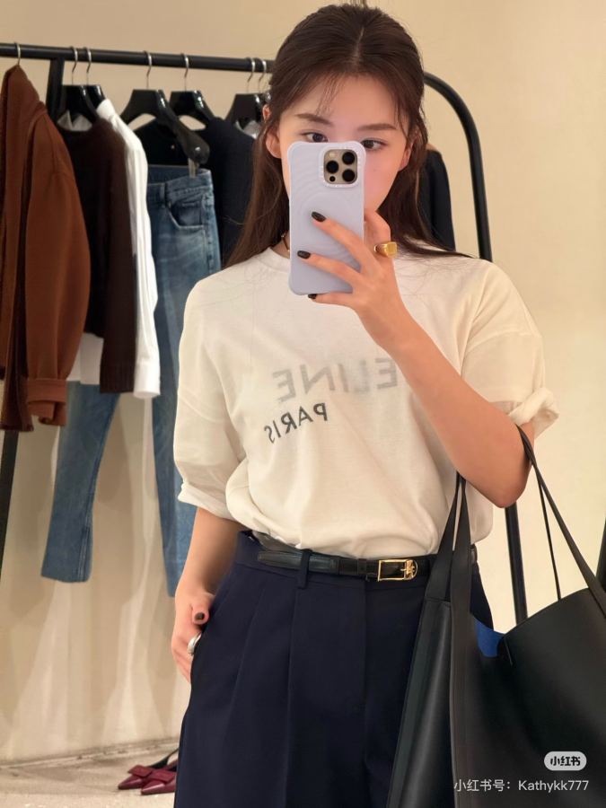 Celine Women 26-letter printed double-layer round neck short-sleeved T-shirt Milk white with soft — 1:1 Replica For Sale — photo 4
