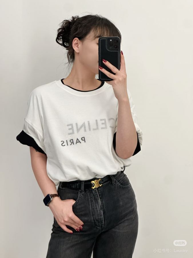 Celine Women 26-letter printed double-layer round neck short-sleeved T-shirt Milk white with soft — 1:1 Replica For Sale — photo 2