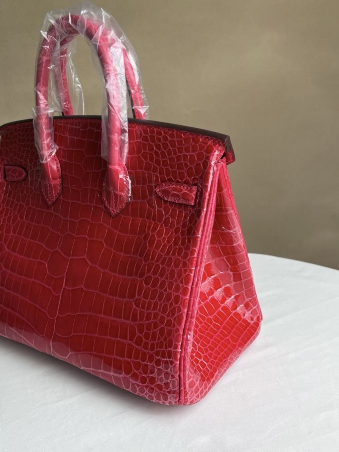 Hermes tas Alligator hoogglans platina 25 roze rode vlek — photo 6