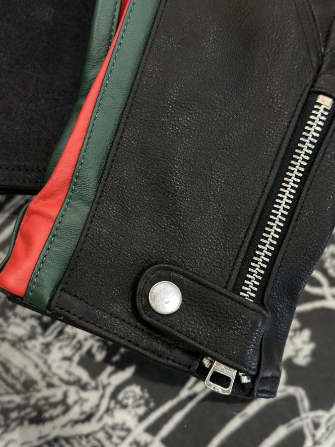 Gucci men GUCCI red and green webbing genuine leather motorcycle jacket — AAA Quality Replica — photo 9