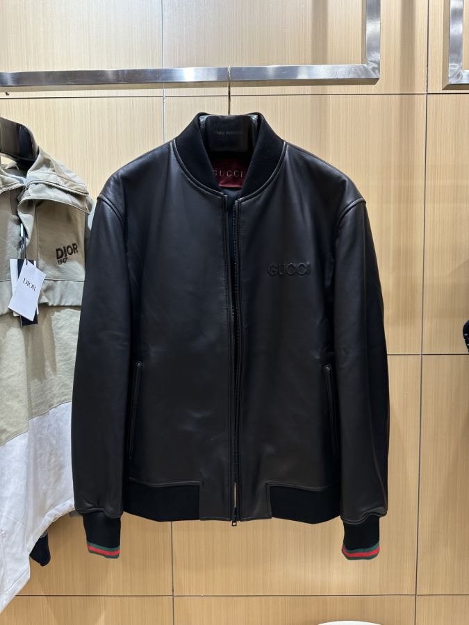 Gucci men GUCCI embroidered logo baseball collar luxury leather jacket — 1:1 Replica For Sale — photo 3
