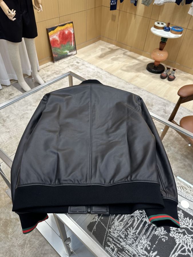 Gucci men GUCCI embroidered logo baseball collar luxury leather jacket — 1:1 Replica For Sale — photo 6