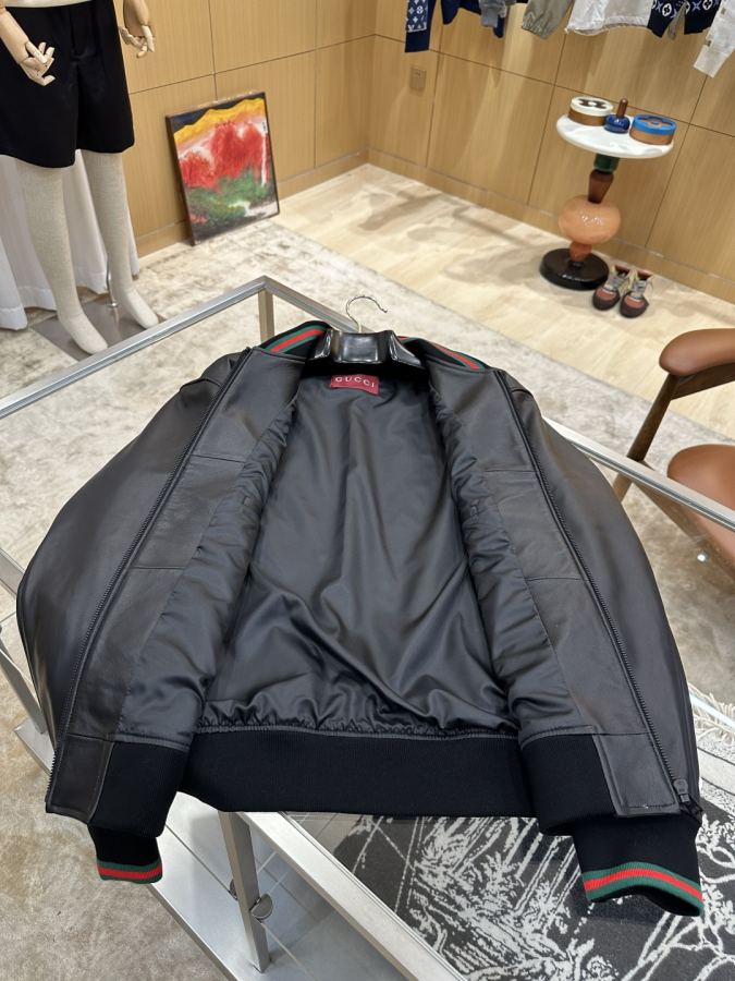 Gucci men GUCCI embroidered logo baseball collar luxury leather jacket — 1:1 Replica For Sale — photo 5
