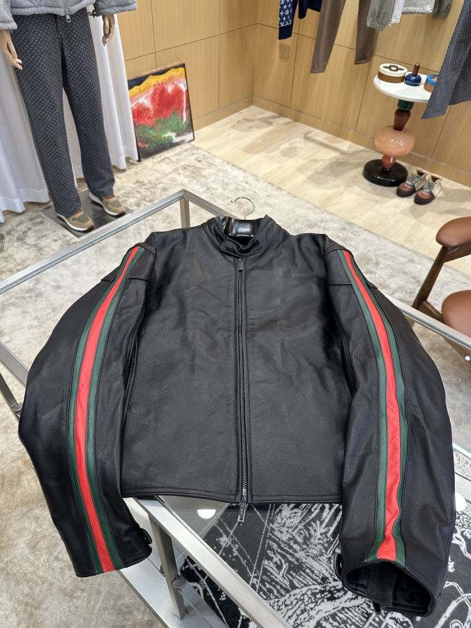 Gucci men GUCCI red and green webbing genuine leather motorcycle jacket — 1:1 Replica For Sale — photo 3