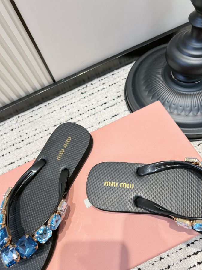 Miumiu women's shoes Miu rhinestone flip-flops, gem-encrusted diamond flat slippers, summer outer — AAA Quality Replica — photo 7