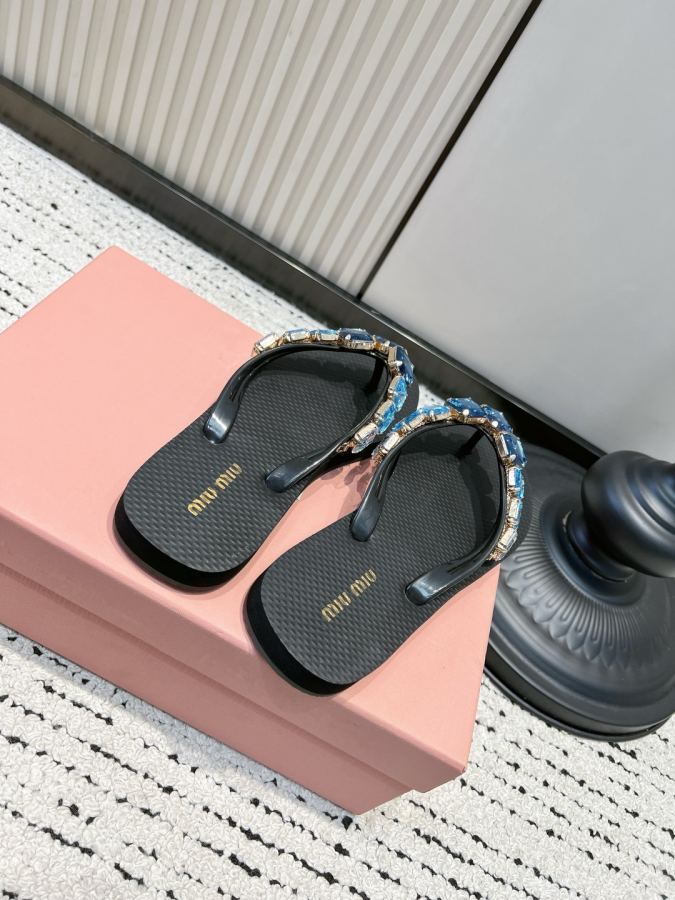 Miumiu women's shoes Miu rhinestone flip-flops, gem-encrusted diamond flat slippers, summer outer — AAA Quality Replica — photo 6