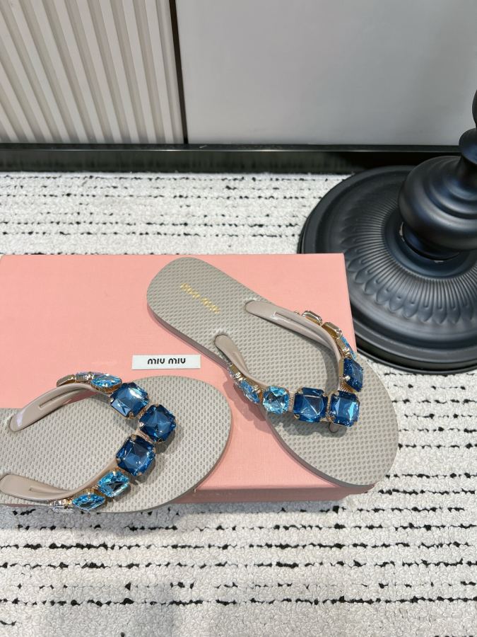 Miumiu women's shoes Miu rhinestone flip-flops, gem-encrusted diamond flat slippers, summer outer — 1:1 Replica For Sale — photo 4