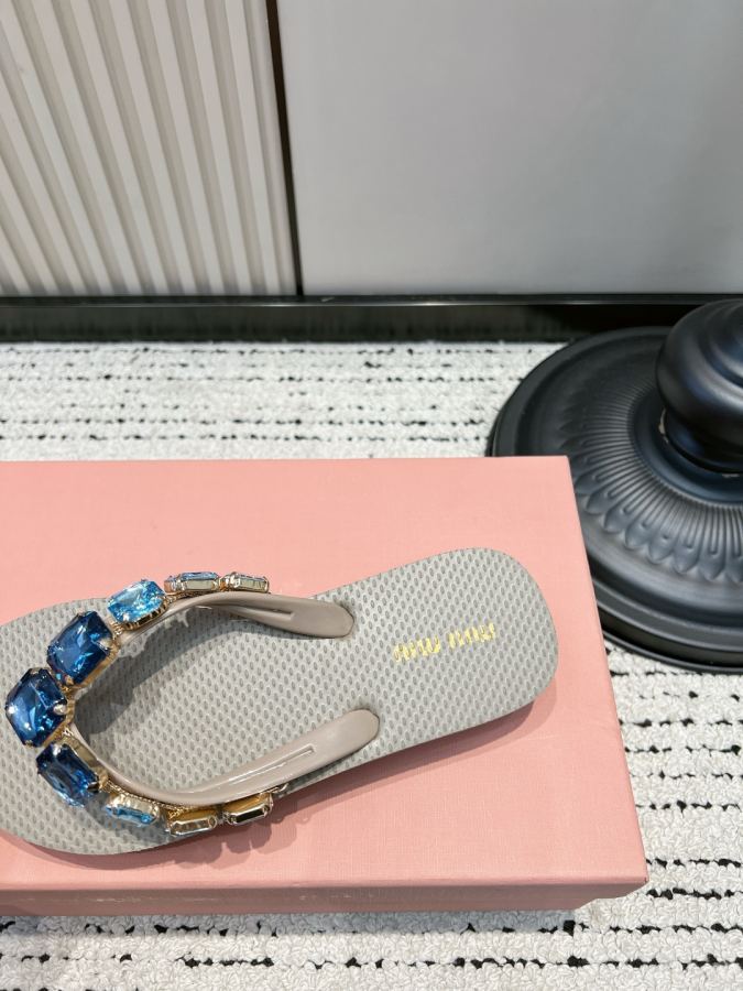 Miumiu women's shoes Miu rhinestone flip-flops, gem-encrusted diamond flat slippers, summer outer — 1:1 Replica For Sale — photo 8