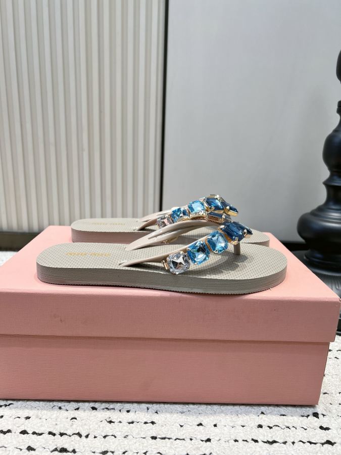 Miumiu women's shoes Miu rhinestone flip-flops, gem-encrusted diamond flat slippers, summer outer — 1:1 Replica For Sale — photo 5