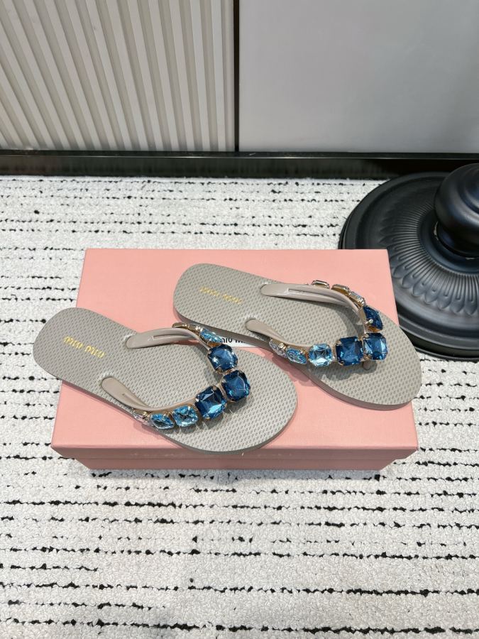 Miumiu women's shoes Miu rhinestone flip-flops, gem-encrusted diamond flat slippers, summer outer — 1:1 Replica For Sale — photo 3