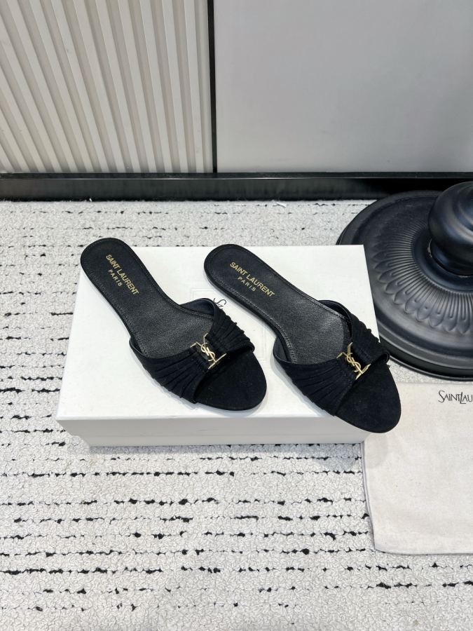 YSL women's shoes YSL Saint Laurent pleated suede sandals women's outer wear open toe slippers 26ss — 1:1 Replica For Sale — photo 3