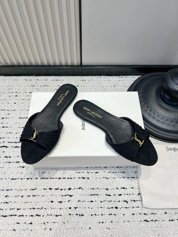 YSL women's shoes YSL Saint Laurent pleated suede sandals women's outer wear open toe slippers 26ss — 1:1 Replica For Sale — photo 2
