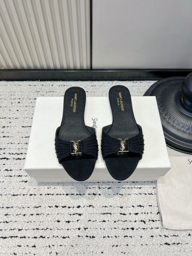 YSL women's shoes YSL Saint Laurent pleated suede sandals women's outer wear open toe slippers 26ss — 1:1 Replica For Sale