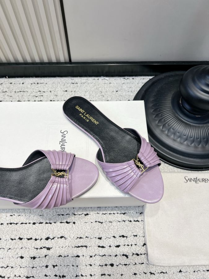 YSL women's shoes YSL Saint Laurent pleated shiny leather sandals women's metal mark open toe slippers — AAA Quality Replica — photo 4