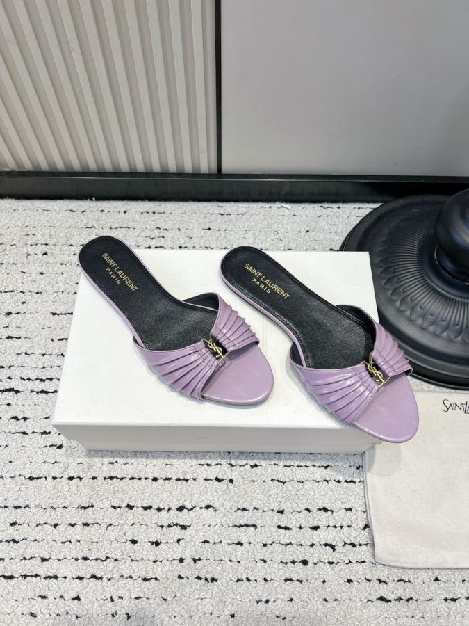 YSL women's shoes YSL Saint Laurent pleated shiny leather sandals women's metal mark open toe slippers — AAA Quality Replica — photo 3