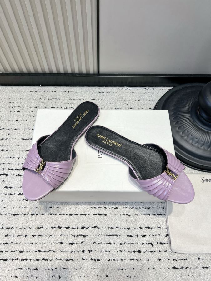YSL women's shoes YSL Saint Laurent pleated shiny leather sandals women's metal mark open toe slippers — AAA Quality Replica — photo 2