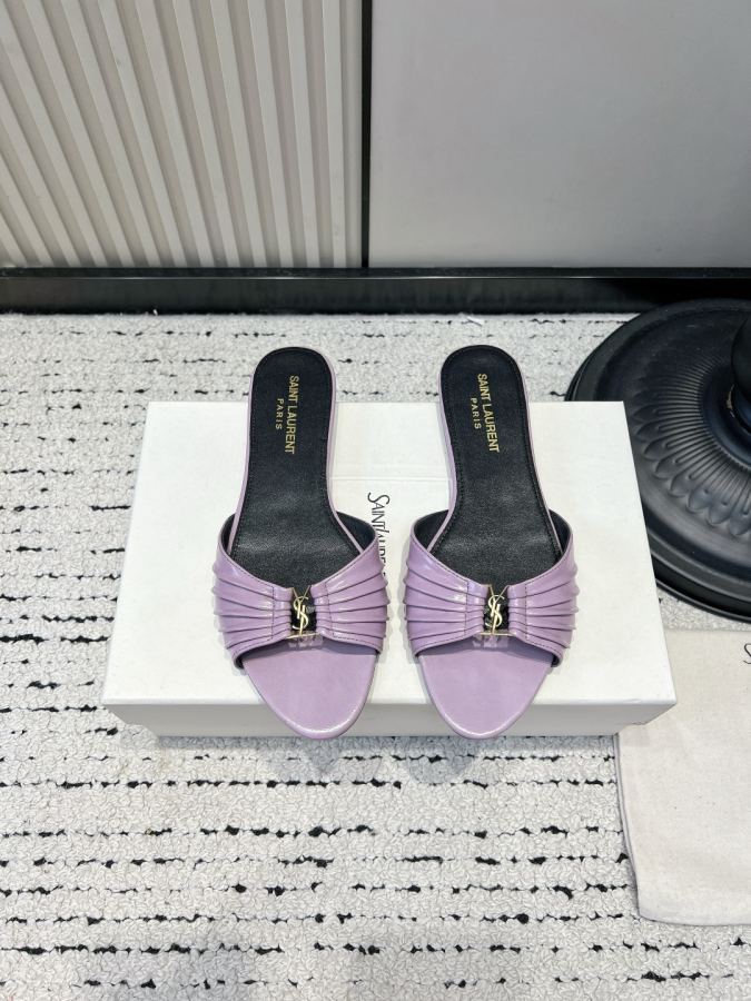 YSL women's shoes YSL Saint Laurent pleated shiny leather sandals women's metal mark open toe slippers — AAA Quality Replica
