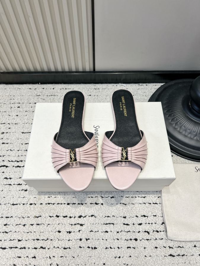 YSL women's shoes YSL Saint Laurent pleated shiny leather sandals women's metal mark open toe slippers — AAA Quality Replica