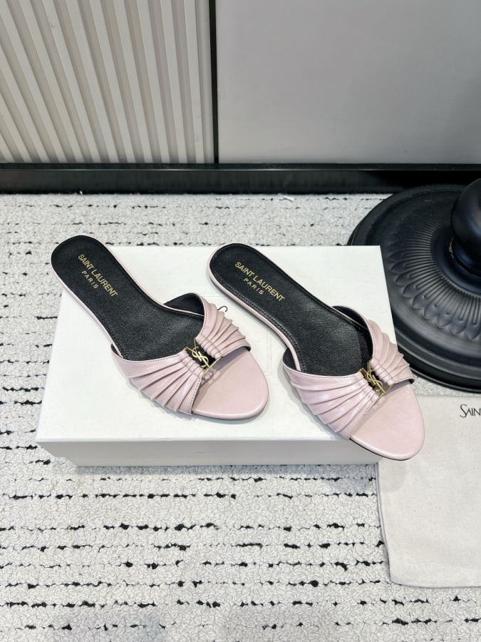 YSL women's shoes YSL Saint Laurent pleated shiny leather sandals women's metal mark open toe slippers — AAA Quality Replica — photo 3