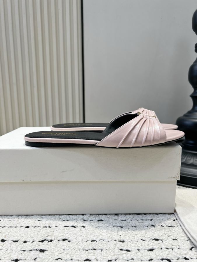 YSL women's shoes YSL Saint Laurent pleated shiny leather sandals women's metal mark open toe slippers — AAA Quality Replica — photo 5