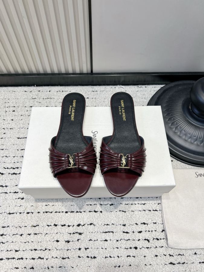 YSL women's shoes YSL Saint Laurent pleated shiny leather sandals women's metal mark open toe slippers — 1:1 Replica